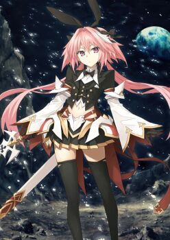 Rule 34 | 1boy, animal ear hairband, animal ears, astolfo (fate), astolfo (saber) (fate), astolfo (saber) (second ascension) (fate), belt buckle, black background, black bow, black bowtie, black gloves, black jacket, black skirt, black thighhighs, black vest, bow, bowtie, buckle, buttons, closed mouth, collared shirt, crop top, crossdressing, crossdressing (mtf), dot mouth, earth (planet), fake animal ears, fate/grand order, fate (series), feet out of frame, floating hair, game cg, gloves, hair between eyes, hair bow, hair intakes, hairband, holding, holding sword, holding weapon, jacket, konoe ototsugu, lapels, light particles, long hair, long sleeves, looking to the side, low twintails, male focus, midriff, miniskirt, navel, official art, open clothes, open jacket, peaked lapels, pink eyes, pink hair, planet, pleated skirt, rabbit ear hairband, rabbit ears, shirt, skirt, solo, standing, suit jacket, sword, tailcoat, thighhighs, third-party source, traditional bowtie, trap, twintails, unsheathed, variant set, very long hair, vest, vulcano caligorante, waistcoat, weapon, white shirt, white sleeves, wide sleeves, wing collar
