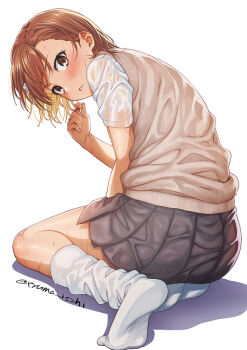 1girl blush brown_eyes brown_hair feet flower_hairclip hair_ornament hairclip isshi_pyuma looking_at_viewer loose_socks misaka_mikoto no_shoes pleated_skirt school_uniform see-through_clothes see-through_shirt shirt short_hair signature simple_background sitting skirt socks soles solo sweater_vest toaru_kagaku_no_railgun toaru_majutsu_no_index toes tokiwadai_school_uniform wariza wet wet_clothes white_background