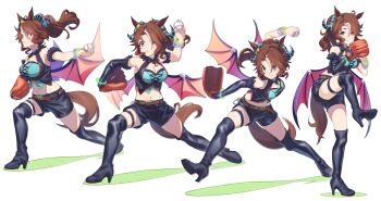 1girl absurdres animal_ears arm_up ball baseball baseball_glove belt black_footwear black_gloves black_horns black_shirt black_shorts blue_eyes blue_wings boots bracelet breasts brown_belt brown_hair chain cleavage cleavage_cutout clothing_cutout cropped_shirt demon_horns demon_wings ear_ornament elbow_gloves facial_mark fur_armlet gloves grimace hairband halloween_costume heart heart_facial_mark high_heel_boots high_heels highres holding holding_ball horns horse_ears horse_girl horse_tail jewelry leaning_forward looking_to_the_side low_wings medium_breasts medium_hair mejiro_palmer_(devil_in_the_moonlight)_(umamusume) mejiro_palmer_(umamusume) midriff motion_blur multicolored_hair nail_polish navel nishiki_kazue official_alternate_costume pitching ponytail sequential shirt short_shorts shorts simple_background single_glove standing streaked_hair tail thigh_boots thigh_strap throwing umamusume white_background white_hairband wings