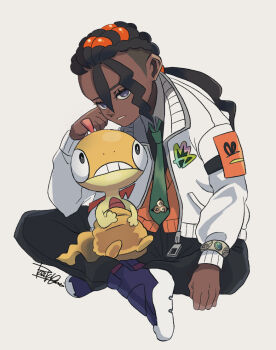 1boy black_pants braid commentary_request dark-skinned_male dark_skin eyelashes gen_5_pokemon green_necktie isamu-ki_(yuuki) jacket looking_at_viewer male_focus naveen_(pokemon) necktie nintendo pants pokemon pokemon_(creature) pokemon_legends:_z-a purple_shoes scrafty shoes signature sitting undercut white_jacket