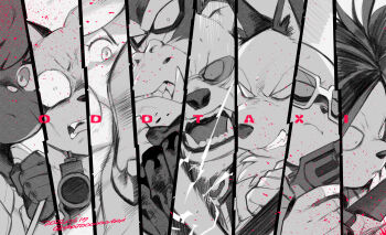 2girls 6+boys alpaca_girl angry animal_ears artist_name bear_boy bear_ears capoeira cat_boy cat_ears cat_girl animal_nose clenched_hand clenched_teeth commentary_request copyright_name daimon_kenshirou dated dobu_(odd_taxi) fangs fox_boy fox_ears furry furry_female furry_male glasses gun high_heels highres holding holding_gun holding_knife holding_weapon knife meerkat_boy mitsuya_yuki monkey_boy multiple_boys multiple_girls odd_taxi open_mouth partially_colored porcupine_boy sekiguchi_(odd_taxi) shatou_(c-com) shirakawa_miho stiletto_heels sunglasses tanaka_hajime_(odd_taxi) teeth weapon wide-eyed yano_(odd_taxi)
