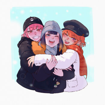 3girls alternate_costume death-sensei_(mori_calliope) gradient_hair hat highres hololive hololive_english holomyth hug iskaydi kfp_employee_(takanashi_kiara) long_hair looking_at_viewer mori_calliope multicolored_hair multiple_girls ninomae_ina'nis one_eye_closed open_mouth orange_hair pink_eyes pink_hair purple_eyes scarf simple_background smile takanashi_kiara takodachi_(ninomae_ina'nis) tentacle_hair virtual_youtuber white_background