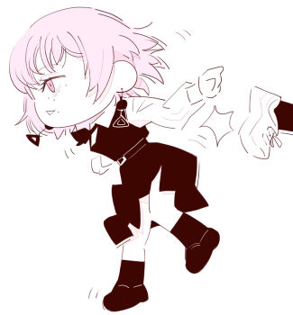 1girl chainsaw_man chibi chibi_only collared_shirt deer60868637 dress earrings fami_(chainsaw_man) fourth_east_high_school_uniform jewelry kicked limited_palette long_sleeves multiple_moles pinafore_dress pink_eyes pink_hair ringed_eyes school_uniform shirt sleeveless sleeveless_dress