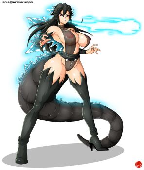 1girl atomic_breath black_hair boots breasts breath_weapon cosplay dinosaur energy energy_beam genderswap genderswap_(mtf) glowing glowing_spikes godzilla godzilla_(cosplay) godzilla_(series) high_heel_boots high_heels humanization kaiju large_breasts monster monster_girl mouth_beam personification plasma plasma_beam puffy_nipples pussy red_eyes revealing_clothes sagging_breasts see-through_clothes slingshot_swimsuit swimsuit tail thigh_boots thighhighs toho witchking00