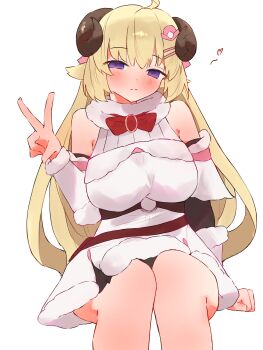 Rule 34 | 1girl, absurdres, ahoge, animal ears, bare shoulders, blonde hair, blush, bow, bowtie, breasts, closed mouth, curled horns, detached sleeves, dress, fanny pack, fur-trimmed dress, fur-trimmed sleeves, fur trim, hair ornament, hairclip, half-closed eyes, heart, highres, hololive, horns, invisible chair, large breasts, long hair, o-ring, parallel hairclips, purple eyes, red bow, red bowtie, sheep ears, sheep girl, sheep horns, short dress, simple background, sitting, solo, spoken heart, tepenchi, tsunomaki watame, tsunomaki watame (1st costume), v, very long hair, virtual youtuber, white background, white dress, white sleeves