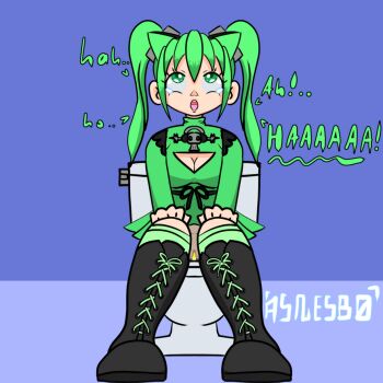 1girl animal_ears asnesbo black_boots black_ribbon blue_background boots breasts cat_ears cat_girl cleavage dress easybreezytv green_dress green_eyes green_hair green_socks hair_ornament heavy_breathing indie_virtual_youtuber kneehighs long_hair long_sleeves looking_up medium_breasts no_panties open_mouth peeing pussy relief ribbon sitting socks tears teeth toilet toilet_use twintails virtual_youtuber