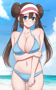 1girl beach bikini blue_bikini blue_eyes breasts bright_pupils brown_hair collarbone commentary donut_hair_bun hair_bun highres large_breasts long_hair looking_at_viewer navel nintendo ocean outdoors pokemon pokemon_bw2 rosa_(pokemon) solo summer surippa1010 swimsuit twintails twitter_username white_pupils