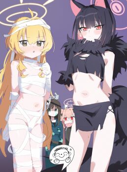 4girls ^_^ absurdres after-school_sweets_club_(blue_archive) airi_(blue_archive) airi_(halloween)_(blue_archive) animal_ears bandages black_hair black_skirt blonde_hair blue_archive blush breasts candy closed_eyes closed_mouth colored_inner_animal_ears colored_inner_hair commentary crop_top doodle_sensei_(blue_archive) english_commentary flat_chest food halloween halloween_costume halo highres kazusa_(blue_archive) kazusa_(halloween)_(blue_archive) lollipop long_hair looking_at_viewer mask mask_on_head multicolored_hair multiple_girls mummy_costume naked_bandage natsu_(blue_archive) natsu_(halloween)_(blue_archive) nemo_(leafnight) nose_blush parted_lips pink_hair purple_background red_eyes sensei_(blue_archive) shaded_face skirt small_breasts swirl_lollipop torn_clothes two-tone_hair very_long_hair yoshimi_(blue_archive) yoshimi_(halloween)_(blue_archive)