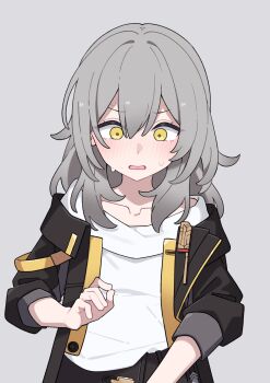 1girl black_jacket commentary grey_hair highres honkai:_star_rail honkai_(series) jacket mikokomiyazawa stelle_(honkai:_star_rail) symbol-only_commentary trailblazer_(honkai:_star_rail) yellow_eyes