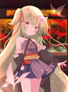 Rule 34 | 1girl, 9ra4ki33, :<, absurdres, alternate eye color, arm behind back, bare shoulders, black kimono, black skirt, blunt bangs, blunt ends, blurry, blurry background, blush, bug, butterfly, butterfly hair ornament, closed mouth, commentary, cowboy shot, criss-cross halter, depth of field, frown, furrowed brow, green hair, hair ornament, hair ribbon, halterneck, highres, hime cut, indoors, insect, japanese clothes, kimono, long hair, long sleeves, miniskirt, murasame (senren), pleated skirt, pom pom (clothes), red ribbon, red sash, ribbon, sash, senren banka, sidelocks, skirt, solo, straight hair, two side up, very long hair, wide sleeves, yellow eyes