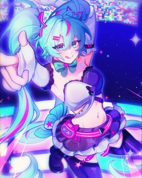 1girl :q aqua_eyes aqua_hair armpits arms_up boots breasts cleavage dark_background dress elbow_gloves evuu fingerless_gloves full_body gloves hair_ornament hairclip hands_up hatsune_miku kneeling long_hair looking_at_viewer medium_breasts miniskirt muse_dash navel official_alternate_costume outstretched_hand pointing pointing_at_viewer purple_boots purple_dress purple_tube_top screen skirt solo sparkle strapless thigh_boots tile_floor tiles tongue tongue_out tube_top twintails two-tone_tube_top very_long_hair vocaloid white_gloves white_tube_top