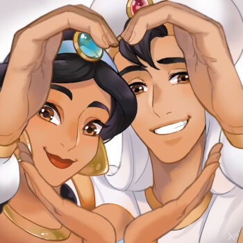 Rule 34 | 1boy, 1girl, aladdin (disney), aladdin (movie), ano (sbee), black hair, brown eyes, close-up, couple, dark-skinned male, dark skin, diadem, disney, earrings, eyelashes, fingernails, grey background, happy, hat, heart, heart hands, hetero, jasmine (disney), jewelry, lipstick, long hair, long sleeves, looking at viewer, makeup, necklace, shirt, simple background, smile, standing, white shirt