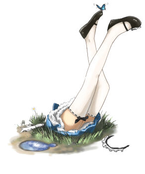 1girl alice_(alice_in_wonderland) chacha_bozu chinese_commentary commentary_request handstand inugami-ke_no_ichizoku_pose maid mary_janes partial_commentary shoes stuck unlikely_accident