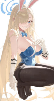 Rule 34 | 1girl, absurdres, animal ear hairband, animal ears, asuna (blue archive), asuna (bunny) (blue archive), bare shoulders, black pantyhose, blonde hair, blue archive, blue bow, blue bowtie, blue eyes, blue halo, blue leotard, bow, bowtie, breasts, chiyo kami, cleavage, commentary request, covered navel, detached collar, fake animal ears, gloves, grin, hair over one eye, hairband, halo, highleg, highleg leotard, highres, large breasts, leotard, long hair, looking at viewer, mole, mole on breast, pantyhose, playboy bunny, rabbit ear hairband, rabbit ears, smile, solo, squatting, strapless, strapless leotard, thighband pantyhose, very long hair, white gloves