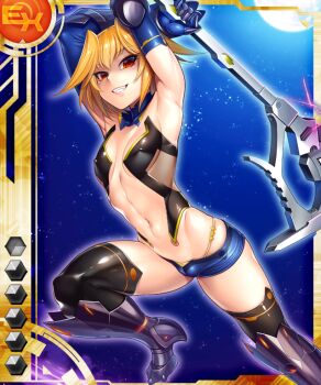 Rule 34 | 1girl, breasts, card (ex-orange), card (medium), curvy, female focus, lebe safree (taimanin asagi), navel, outdoors, shorts, sky, solo, taimanin (series), taimanin asagi battle arena all card gallery, taimanin asagi kessen arena, zol