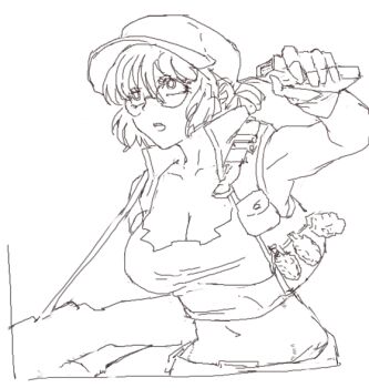 Rule 34 | crop top, field cap, fio germi, glasses, hat, madsensei, metal slug, military, monochrome, round eyewear, sketch, weapon, white background