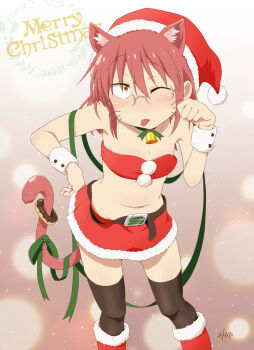 1girl :p alternate_hairstyle animal_ears artist_name bell belt bikini black_belt black_thighhighs blush boots breasts brown_eyes cat_ears cat_tail christmas commentary donut english_text food fur-trimmed_skirt fur_cuffs fur_trim glasses green_ribbon hair_down hand_on_own_hip hat highres kemonomimi_mode kobayashi-san_chi_no_maidragon kobayashi_(maidragon) looking_at_viewer medium_hair merry_christmas miniskirt motokazu_(dontokodon) navel neck_bell neck_ribbon one_eye_closed paw_pose red_bikini red_boots red_hair red_hat red_skirt ribbon rimless_eyewear santa_bikini santa_boots santa_costume santa_hat signature skirt small_breasts snowing solo standing strapless strapless_bikini swimsuit tail tail_ornament tail_ribbon text_background thighhighs tongue tongue_out whiskers