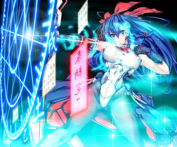 1girl arrow_(projectile) asama_tomo black_pantyhose blue_eyes blue_hair bow_(weapon) breasts female_focus floating_screen gloves hair_ornament hair_ribbon kyoukaisenjou_no_horizon large_breasts long_hair matching_hair/eyes pantyhose ribbon solo sousuke3 sparkle weapon