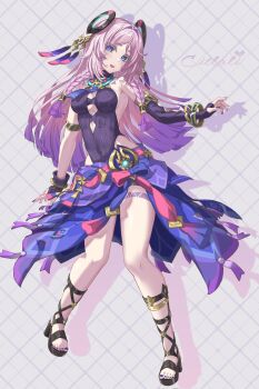 1girl armlet asymmetrical_gloves bangle black_gloves black_leotard black_sandals blue_eyes bracelet braid breasts character_name citlali_(genshin_impact) commentary elbow_gloves facial_mark fingerless_gloves floating_headgear forehead_mark full_body genshin_impact gladiator_sandals gloves hair_intakes hashtag-only_commentary headgear highres hinato1710 jewelry leotard long_hair looking_at_viewer medium_breasts nail_polish open_mouth parted_bangs pigeon-toed pink_hair pink_pupils purple_nails purple_sarong ribbed_leotard ring_hair_ornament sandals sarong side_braids single_elbow_glove solo standing thigh_marking toenail_polish toenails triangle triangle_facial_mark vision_(genshin_impact)