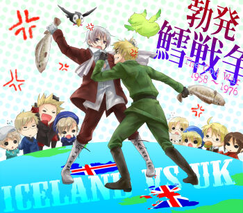 6+boys ahoge america_(hetalia) anger_vein axis_powers_hetalia bear bird blonde_hair boots brown_hair burger canada_(hetalia) chibi cod denmark_(hetalia) fighting finland_(hetalia) fish food full_body green_eyes grin hat historical_event hong_kong_(hetalia) iceland_(hetalia) icelandic_flag ishizue_ei kumajirou_(hetalia) male_focus military military_uniform multiple_boys norway_(hetalia) open_mouth puffin purple_eyes sailor sealand_(hetalia) smile sweat sweden_(hetalia) union_jack united_kingdom_(hetalia)