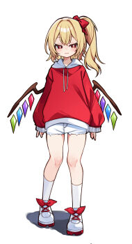 1girl absurdres alternate_costume blonde_hair blush bow commentary_request contemporary crystal crystal_wings denim denim_shorts flandre_scarlet full_body hair_bow highres hood hoodie kneehighs long_sleeves looking_at_viewer multicolored_wings one_side_up red_bow red_eyes red_hoodie shadow shoes shorts simple_background socks solo standing touhou white_background white_shoes white_shorts wings yuineko