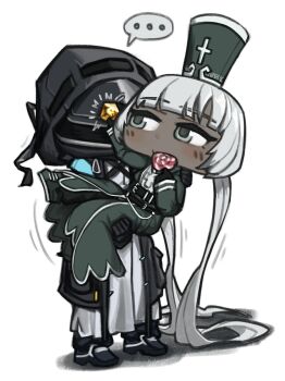 Rule 34 | 1girl, 1other, ambiguous gender, arknights, black gloves, carrying, carrying person, charon (project moon), crossover, dark-skinned female, dark skin, doctor (arknights), gloves, grey eyes, grey hair, heart, highres, limbus company, long hair, originite prime (arknights), project moon, sami camo, simple background, speech bubble, spoken heart, twintails, very long hair, white background