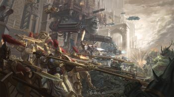6+boys adeptus_astartes adeptus_custodes armor battle blue_armor chaos_space_marine death_guard explosion full_armor gold_armor gunship helmet highres horus_heresy multiple_boys nurgle pauldrons plague_marine polearm power_armor roboute_guilliman shield shouhui_lang_qun shoulder_armor spear sword tassel thunderhawk_(warhammer_40k) titan_(warhammer_40k) ultramarines warhammer_40k weapon