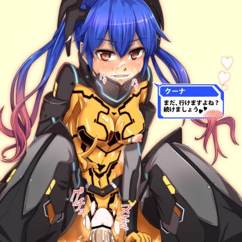 1boy 1girl bar_censor black_thighhighs black_trim blue_hair blue_trim blush bodysuit breasts censored commentary_request covered_navel cowgirl_position cum cum_in_pussy cum_on_body cum_overflow erection facial gameplay_mechanics gorget gradient_hair hair_between_eyes headgear heart heart-shaped_pupils hiruno impossible_bodysuit impossible_clothes long_hair looking_at_viewer medium_breasts multicolored_hair neon_trim nipples nose_blush open_mouth orange_hair penis phantasy_star phantasy_star_online_2 pov pussy quna_(pso2) sex simple_background smile speech_bubble spoken_blush spoken_heart straddling sweat symbol-shaped_pupils thighhighs torn_bodysuit torn_clothes translation_request twintails two-tone_hair vaginal yellow_background yellow_bodysuit zelsius