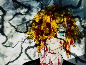 Rule 34 | 1boy, antenna hair, basil (faraway) (omori), basil (omori), blonde hair, blood, blood on clothes, blood on face, blue eyes, closed mouth, collared shirt, commentary request, flower, hair flower, hair ornament, hair over one eye, highres, kauchi (kani10cauchi), looking at viewer, male focus, omori, shirt, short hair, sidelocks, solo, sunflower, upper body, white shirt