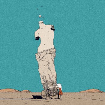 1girl barefoot broken_statue day desert dress floating_rock from_side full_body green_sky hand_up highres long_hair mountainous_horizon nyr50ml original outdoors red_dress short_sleeves sky solo statue white_hair wide_shot