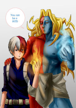 2boys belt black_eyes blonde_hair blue_eyes blue_skin boku_no_hero_academia capcom colored_skin crossover cryokinesis english_text fire forehead_jewel gill_(street_fighter) hair_between_eyes hand_on_another's_shoulder hero_outfit_(mha) heterochromia ice male_focus matching_hair/eyes multicolored_hair multicolored_skin multiple_boys muscular muscular_male pectorals pyrokinesis red_hair red_skin scar scar_on_face speech_bubble split-color_hair street_fighter street_fighter_iii_(series) superhero_costume todoroki_shoto trait_connection two-tone_hair two-tone_skin white_background white_hair yellow_eyes