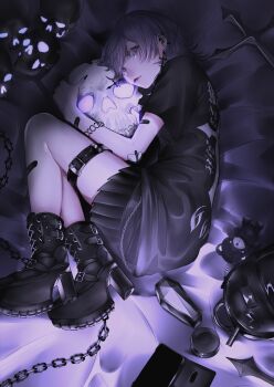 1girl 666 absurdres animal_charm backpack bag bag_charm bandaid barbell_piercing bed_sheet black_bag black_boots black_nails black_shirt black_skirt black_theme boots cellphone chain chain_bracelet charm_(object) closed_mouth commentary_request cross cross_earrings ear_piercing earrings eyelashes fetal_position fingernails full_body goth_fashion grey_eyes grey_hair high_heel_boots high_heels highres hugging_object jewelry lace-up_boots latin_cross lipstick long_fingernails lying makeup mano_aaa nail_polish on_side original paperclip_earrings phone piercing platform_boots platform_heels pleated_skirt print_shirt red_lips shirt short_hair skirt skull skull_earrings smartphone smartphone_case solo swept_bangs t-shirt unworn_backpack unworn_bag