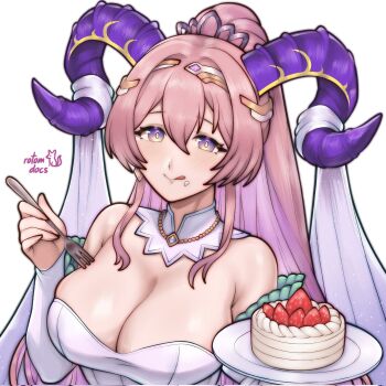 1girl :p alternate_costume artist_name bare_shoulders breasts bride cake cleavage commentary corrupted_twitter_file detached_sleeves dress english_commentary fire_emblem fire_emblem_heroes food food_on_face fork goat_horns hair_between_eyes highres holding holding_cake holding_food holding_fork holding_plate horns large_breasts long_hair looking_at_viewer nerthuz_(fire_emblem) nintendo pink_hair plate ponytail purple_eyes rotomdocs skindentation solo strapless strapless_dress tongue tongue_out upper_body wedding_dress white_background white_dress