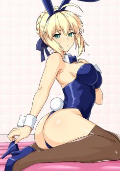 Rule 34 | 1girl, ahoge, air mattress, animal ears, artoria pendragon (fate), ass, bare shoulders, bathroom, blonde hair, blue bow, blue bowtie, blue footwear, blue hairband, blue leotard, blue ribbon, blush, bow, bowtie, breasts, brown thighhighs, cleavage, detached collar, dress, fake animal ears, fake tail, fate/grand order, fate (series), from side, green eyes, hair ribbon, hairband, hand on own chest, haruhisky, high heels, highres, huge ass, large breasts, leotard, looking at viewer, looking to the side, medium breasts, playboy bunny, rabbit ears, rabbit tail, ribbon, saber (fate), simple background, sitting, soapland, solo, tail, thighhighs, thong, thong leotard, tile wall, tiles, white background, white wrist cuffs, wrist cuffs