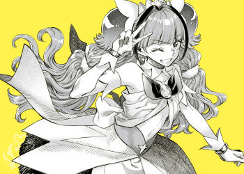 1girl amanogawa_kirara commentary_request cure_twinkle dress earrings elbow_gloves eyebrows_hidden_by_hair gloves go!_princess_precure greyscale_with_colored_background jewelry long_hair looking_at_viewer one_eye_closed open_mouth precure simple_background sleeveless sleeveless_dress smile solo takanashi_ringo tiara twintails v very_long_hair yellow_background