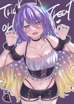absurdres blue_nails blush breasts choker claw_pose cleavage collarbone commentary demon_tail english_commentary eyelashes fang gradient_hair hair_between_eyes highres hololive hololive_indonesia horns huziiro_matutya looking_at_viewer moona_hoshinova multicolored_hair navel open_mouth outline purple_background shirt short_shorts shorts tail trick_or_treat virtual_youtuber white_outline wrist_cuffs