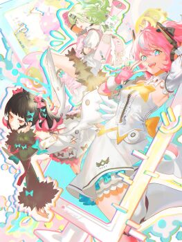 Rule 34 | 3girls, absurdres, angels of delusion, aqua streaks, aria (zenless zone zero), arm warmers, bandaid, bandaid hair ornament, black hair, black skirt, blus, bow, center frills, collared shirt, colored inner hair, commentary request, dress, earrings, fingerless gloves, frills, fur-trimmed skirt, fur-trimmed sleeves, fur trim, gloves, green bow, green eyes, green hair, green halo, hair between eyes, hair ornament, halo, highres, holding, holding megaphone, jewelry, leg warmers, megaphone, multicolored hair, multiple girls, multiple hair clips, musical note earrings, nangong yu, necktie, pink arm warmers, pink bag, pink gloves, pink hair, pink leg warmers, red necktie, shirt, shokuen (oxstl), short twintails, skirt, smile, streaked hair, striped arm warmers, striped leg warmers, sunna (zenless zone zero), too many bows, twintails, white dress, white shirt, white wings, winged bag, wings, y2k fashion, zenless zone zero