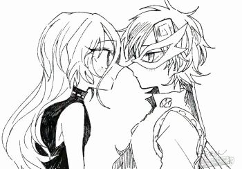 Rule 34 | 2girls, blush, closed mouth, commentary request, dress, eye contact, eye mask, half mask, itomugi-kun, iwanaga ariya, long hair, looking at another, mask, mask over one eye, multiple girls, shirt, short hair, sleeveless, sleeveless dress, smile, touhou, turtleneck, turtleneck dress, watermark, yuiman asama, yuri