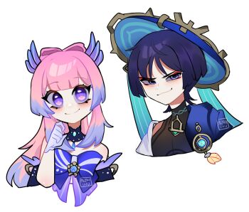 Rule 34 | 1boy, 1girl, :3, aqua gem, artist name, bare shoulders, black tank top, blue bow, blue cape, blue choker, blue gem, blue hair, blue hat, blue sleeves, blunt ends, bow, bow-shaped hair, cape, chest bow, choker, closed mouth, commentary, covered collarbone, detached sleeves, english commentary, eyeshadow, gem, genshin impact, gloves, gradient hair, hair ornament, han'eri, hand up, hat, highres, jewelry, jingasa, lace, lace choker, large bow, leaf, long hair, looking at viewer, makeup, mizah (mizah), multicolored hair, open clothes, open shirt, parted bangs, pendant, pink hair, pom pom (clothes), purple eyes, purple hair, red eyeshadow, sangonomiya kokomi, scaramouche (genshin impact), shirt, short hair, short sleeves, sidelocks, simple background, smile, striped bow, tank top, two-tone hair, upper body, v-shaped eyebrows, vision (genshin impact), wanderer (genshin impact), white background, white gloves, white shirt