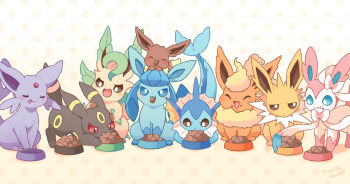 Rule 34 | :3, :d, :p, ^ ^, artist name, blue eyes, bowl, bright pupils, brown eyes, closed eyes, closed mouth, commentary request, crumbs, eating, eevee, espeon, flareon, gen 1 pokemon, gen 2 pokemon, gen 4 pokemon, gen 6 pokemon, glaceon, highres, jolteon, leafeon, mugita konomi, nintendo, no humans, open mouth, pet bowl, pet food, pokemon, pokemon (creature), polka dot, polka dot background, red eyes, smile, sylveon, tongue, tongue out, umbreon, vaporeon, white pupils, yellow background