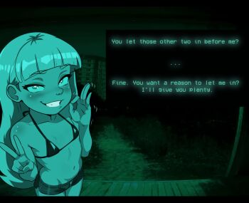 blush bra commentary english_commentary fellatio_gesture gravity_falls honeyshot loli long_hair no_i'm_not_a_human no_i'm_not_a_human_(style) pacifica_northwest reference revealing_clothes smug tagme underwear user_interface v