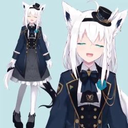 1girl ahoge animal_ears animated ascot blinking blue_ascot blue_background blue_flower blue_jacket blue_rose braid braided_ponytail closed_eyes earrings flower fox_ears fox_girl fox_tail gloves green_eyes grey_skirt hair_between_eyes hat hololive jacket jewelry live2d lolita_fashion long_sleeves looking_at_viewer megajujube mini_hat nagishiro_mito official_art open_clothes open_jacket open_mouth osmanthus pantyhose pentagram rose shirakami_fubuki shirakami_fubuki_(parade_dress) shirt sidelocks simple_background single_braid skirt smile solo tail video virtual_youtuber white_gloves white_hair white_pantyhose white_shirt