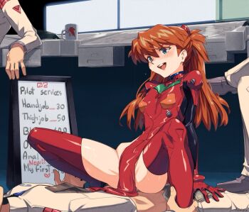 1girl 3boys adapted_costume arm_support aseiusx banknote blue_eyes bodysuit boots breasts brown_hair commentary convenient_censoring covered_penetration english_commentary english_text girl_on_top hair_between_eyes hetero holding holding_money indoors long_hair mecha_pilot_suit menu_board money multiple_boys neon_genesis_evangelion open_mouth pelvic_curtain plugsuit_(evangelion) price price_list prostitution reclining red_bodysuit red_footwear sex small_breasts smile souryuu_asuka_langley spread_legs squatting_cowgirl_position thigh_boots