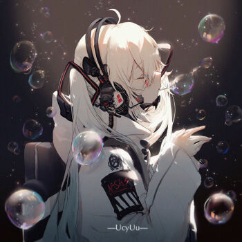 1girl ahoge backlighting backpack bag black_background bubble blowing_bubbles bubble_pipe closed_eyes clothes_writing commentary drawstring english_commentary eyelashes facial_mark from_side hair_ornament hair_over_shoulder hands_up hatsune_miku headphones headset highres hood hood_down hoodie konya_karasue light_particles long_hair long_sleeves mouth_hold noise own_hands_together profile sleeves_past_wrists solo turtleneck twintails upper_body vocaloid white_hair white_hoodie