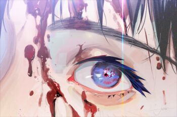 Rule 34 | 1boy, blood, blood on face, commentary, english commentary, eye focus, eye reflection, highres, ikari shinji, jie deng, long eyelashes, male focus, neon genesis evangelion, reflection, solo