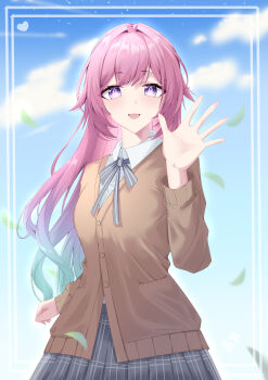 1girl absurdres alternate_costume aqua_hair bei_feng_(user_mjck7355) black_skirt blue_sky breasts brown_vest cloud commentary_request cyrene_(demiurge)_(honkai:_star_rail) cyrene_(honkai:_star_rail) diamond-shaped_pupils diamond_(shape) gradient_hair highres honkai:_star_rail honkai_(series) large_breasts long_hair looking_at_viewer multicolored_hair pink_hair purple_eyes school_uniform skirt sky smile solo symbol-shaped_pupils two-tone_hair very_long_hair vest