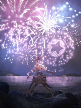 1girl absurdres arm_up blue_archive blue_hair clenched_hand commentary_request drill_hair fireworks gloves hair_between_eyes halo highres holding_rocket jacket long_hair looking_at_viewer magical_girl mountainous_horizon multicolored_hair norio_(norio386) off_shoulder official_alternate_costume open_mouth purple_eyes purple_hair purple_halo purple_jacket purple_shoes purple_skirt purple_thighhighs reisa_(blue_archive) reisa_(magical)_(blue_archive) rocket shirt shoes short_sleeves sidelocks skirt solo striped_clothes striped_thighhighs thighhighs twin_drills two-tone_hair white_gloves white_shirt