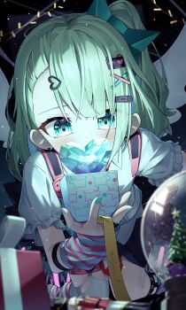 1girl absurdres aqua_eyes aqua_nails backpack bag chinatsu_remiel commentary english_commentary fingernails green_hair hair_ornament hairclip heart heart_hair_ornament highres kneeling maeru nail_polish puffy_short_sleeves puffy_sleeves shirt short_sleeves side_ponytail solo thighhighs white_shirt white_thighhighs x_hair_ornament zenless_zone_zero