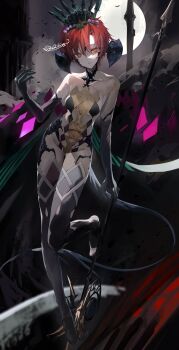 Rule 34 | 1girl, absurdres, au ra, bare shoulders, black gloves, black thighhighs, breasts, cosplay, dragon girl, dragon horns, dragon tail, elbow gloves, final fantasy, final fantasy xiv, gloves, highres, holding, holding polearm, holding weapon, horns, looking at viewer, orange eyes, polearm, red hair, scales, scathach (ff14), scathach (ff14) (cosplay), shikina (mochigushi ), short hair, signature, solo, spear, tail, thighhighs, tiara, warrior of light (ff14), weapon