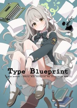 1girl blazer blue_archive blush bottle bow bowtie braid closed_mouth collared_shirt commentary_request cup dress_shirt full_body green_bow green_bowtie green_halo green_jacket grey_hair grey_skirt hair_between_eyes hair_bow hair_intakes hair_ribbon halo highres ink jacket long_hair looking_at_viewer medium_skirt miniskirt miyo_(blue_archive) multicolored_hair nose_blush paper pleated_skirt ribbon ribbon_braid school_uniform shirousagi_una shirt shoes skirt socks typewriter very_long_hair wavy_hair white_bow white_hair white_ribbon white_shirt white_socks yellow_eyes